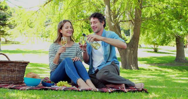 Couple enjoying a sunny outdoor picnic in a park with wine and a selection of fruits, sitting on a blanket over the grass. Ideal for use in lifestyle, leisure, or outdoor relaxation content, promoting romantic getaways, picnicking, and nature-related activities.