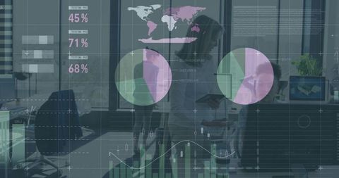 Office Team Collaborating Over Tablet With Digital Data Overlays and Financial Charts