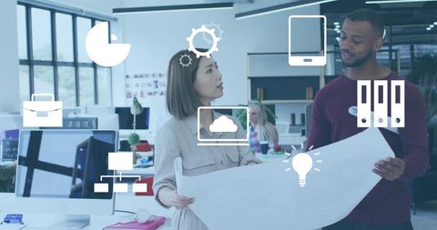 Architects Collaborate on Floor Plan with Digital Design Icons