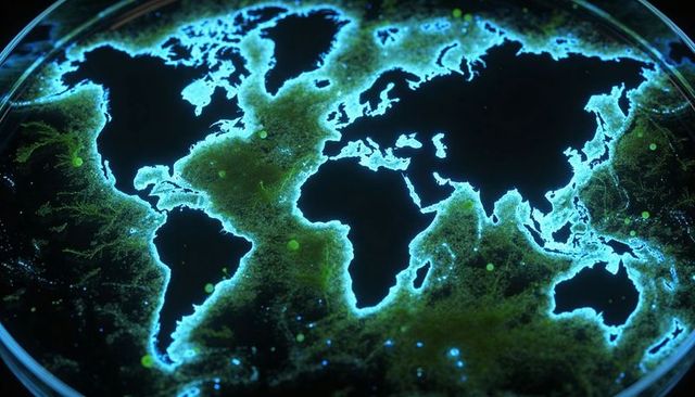 Glowing Petri Dish World Map Showing Fluorescent Microbial Coastlines and Neon Contours