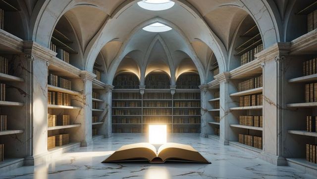 Mystical Ancient Library with Glowing Open Book