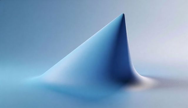 Minimalist smooth conical peak rising on blue to gray gradient plane with soft shadows