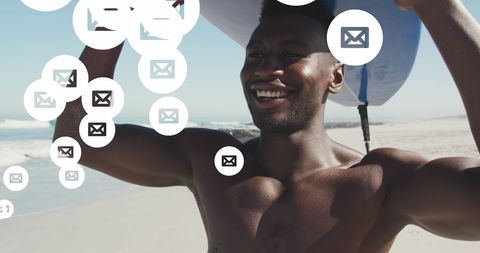 Young man carrying surfboard with social media icons overlay