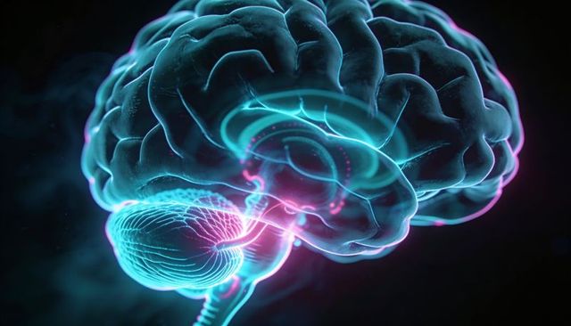 3D brain glowing with neon HUD overlays highlighting cerebrum, cerebellum, brainstem