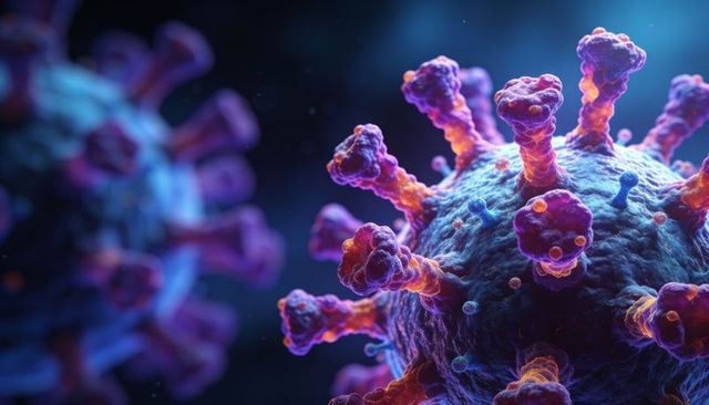 3d microscopic coronavirus particle displaying bright spike proteins on viral envelope