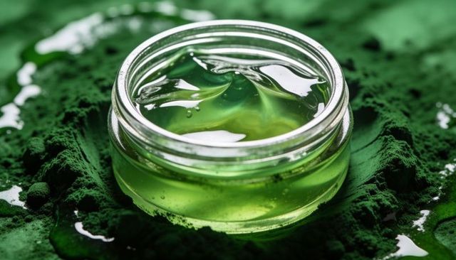 Glowing emerald gel swirling in glass jar on powdered herb texture macro skincare concept