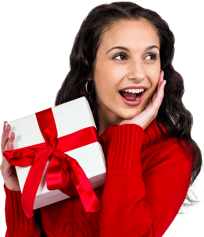 Joyful Woman Holding Gift with Red Bow on Transparent Background
