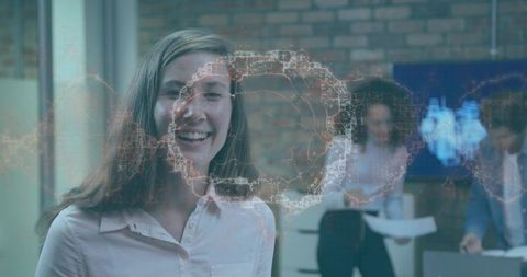 Smiling female leader presenting digital network overlay during collaborative meeting
