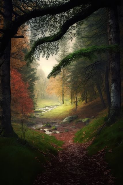Forest scenery with trees, rocks and stream created using generative ai technology. Autumn, landscape and nature concept digitally generated image.