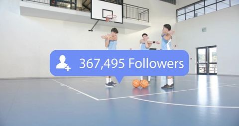 Basketball players stretching on indoor court displaying 367,495 followers social overlay