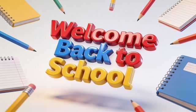 Glossy 3d welcome back to school floating text among colorful pencils and notebooks