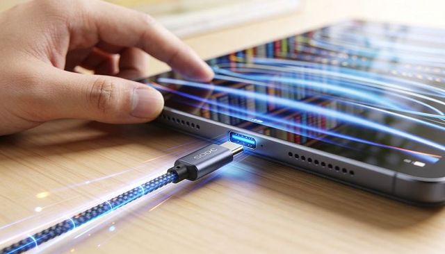 Charging tablet with braided usb-c cable glowing blue, finger swiping on sleek touchscreen
