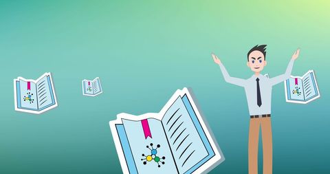 Mentorship success celebration with cartoon character and notebooks