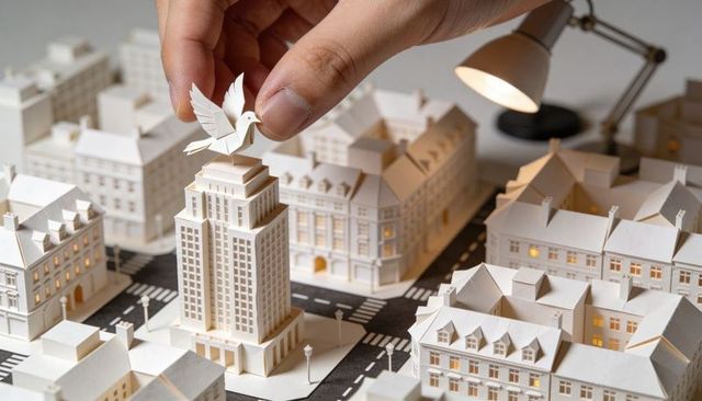 Hand placing origami dove on paper skyscraper in miniature cityscape with desk lamp glow