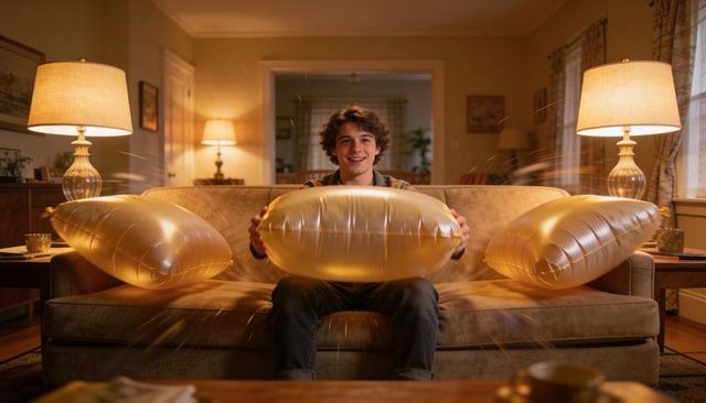 Smiling teen holding gold inflatable pillows on cozy living room sofa with warm lighting