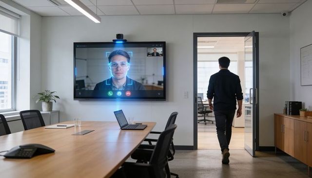 Hybrid office conference room with wall video call display showing remote participant and laptop