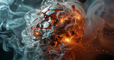 Cracked Metallic Sphere Emitting Smoke and Sparks