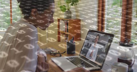 Woman in Virtual Meeting with Binary Overlay and Digital Interface Concept