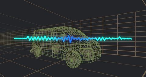 Futuristic Digital Van and Data Processing Wave