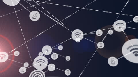Abstract Digital Network with Technology Icons on Dark Background