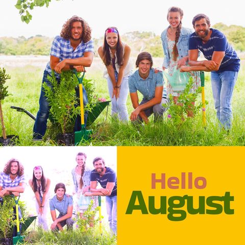 Group of Friends Gardening to Celebrate August