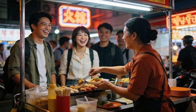 Smiling friends buying street food at neon night market as vendor serves grilled skewers