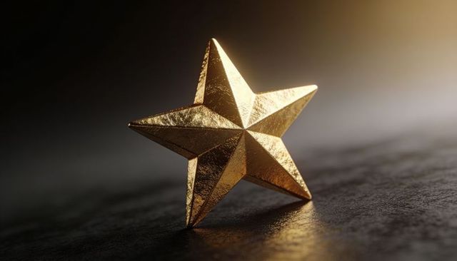 Resting gilded five-point star catching warm rim light on dark textured tabletop