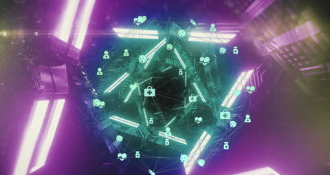 Futuristic Digital Network Connections with Glowing Hexagon