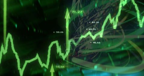 Neon green financial trendline with upward arrows, numeric labels and futuristic data glow