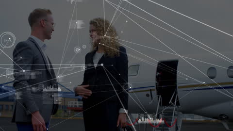 Business Professionals Discussing Partnership with Digital Network Overlay