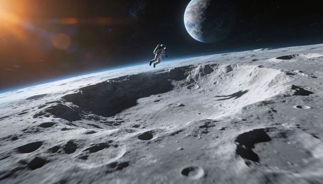 Floating astronaut maneuvering above lunar crater with earth rising and sun flare glow