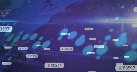 Digital notification network showing floating metrics, neon orbs and data badges
