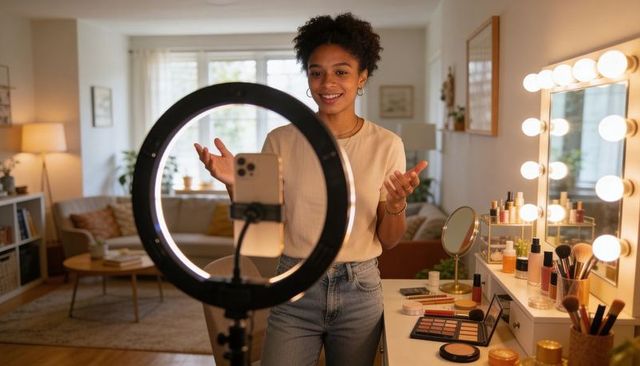 Beauty creator recording makeup tutorial with ring light and vanity in cozy living room