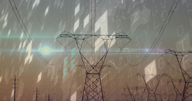 Futuristic energy grid with digital innovation overlay at dusk