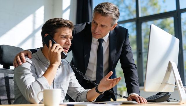Manager advising stressed employee holding corded phone at sunlit modern office desk