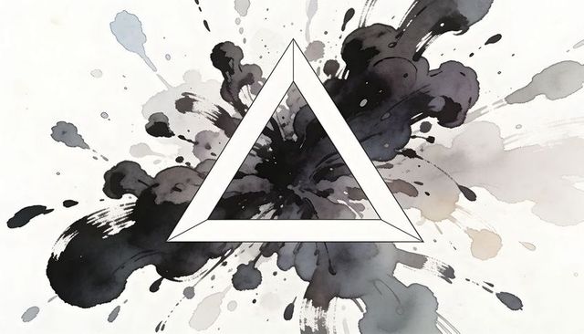 Impossible penrose triangle creating 3d optical illusion with monochrome ink splash art