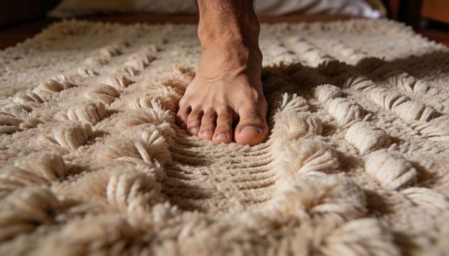 Bare foot pressing into plush beige shag rug creating textured trail and cozy bedroom mood