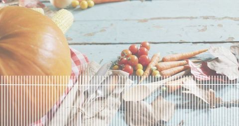 Pumpkin and Autumn Vegetables Arranging on Weathered Blue Wood for Harvest Market Banner