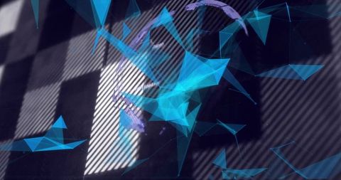 Floating cyan polygon mesh hovering over checkerboard stripes with neon wireframe and purple ribbon