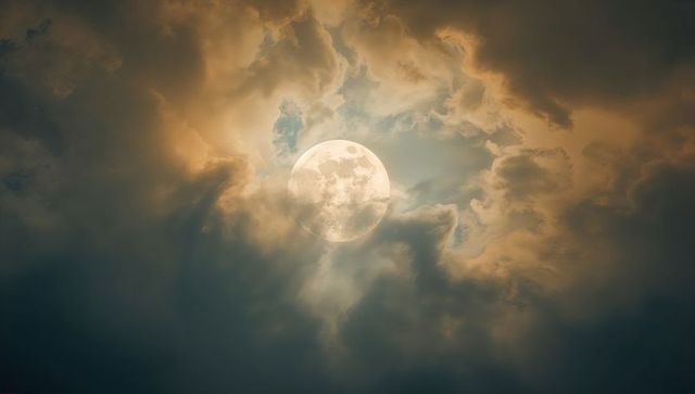 Shining full moon surrounded by swirling golden clouds