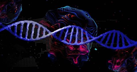 Glowing neon dna double helix floating through abstract digital neural contours and code