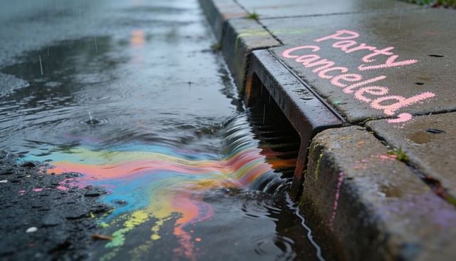 Rainbow chalk runoff flowing into storm drain with 'party canceled' chalk message