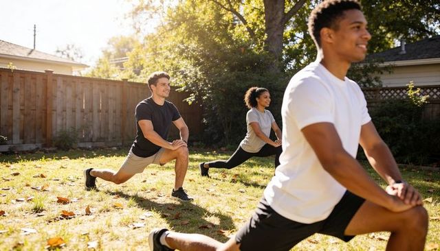 Male leading small group in backyard lunges, outdoor fitness training, sunny autumn