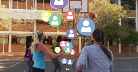 Diverse People Playing Basketball with Social Media Overlay