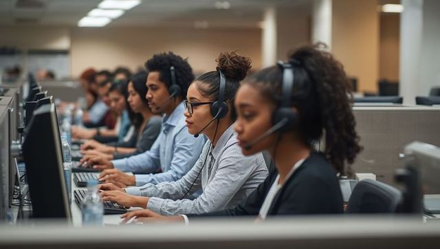 Diverse call center team working in office under headsets