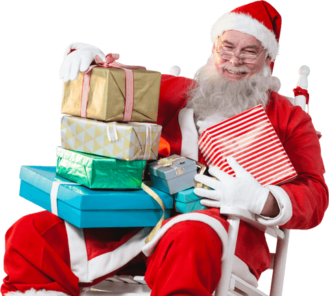 Transparent Santa Claus Holding Holiday Presents on Chair