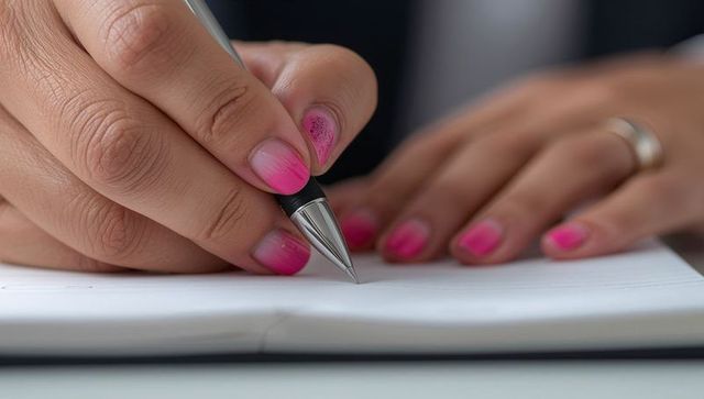 Woman writing in notebook with pink ombre manicure and silver pen close-up for journaling