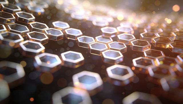 Shimmering hexagonal glass tiles with metallic rims forming golden honeycomb lattice, bokeh