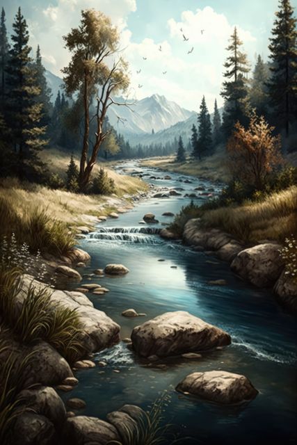 Scenic landscape with river creek and mountains, created using generative ai technology. Nature, scenery and beauty in nature concept digitally generated image.