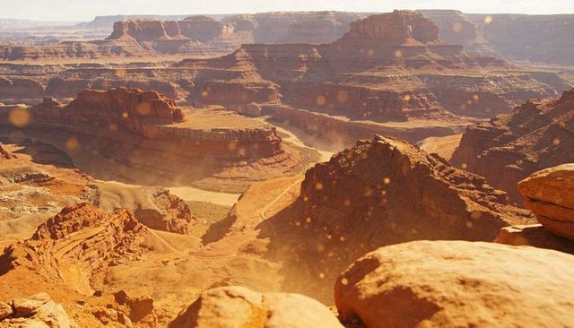 Sunlit layered canyon overlook with windblown sand, mesas and meandering riverbed panorama